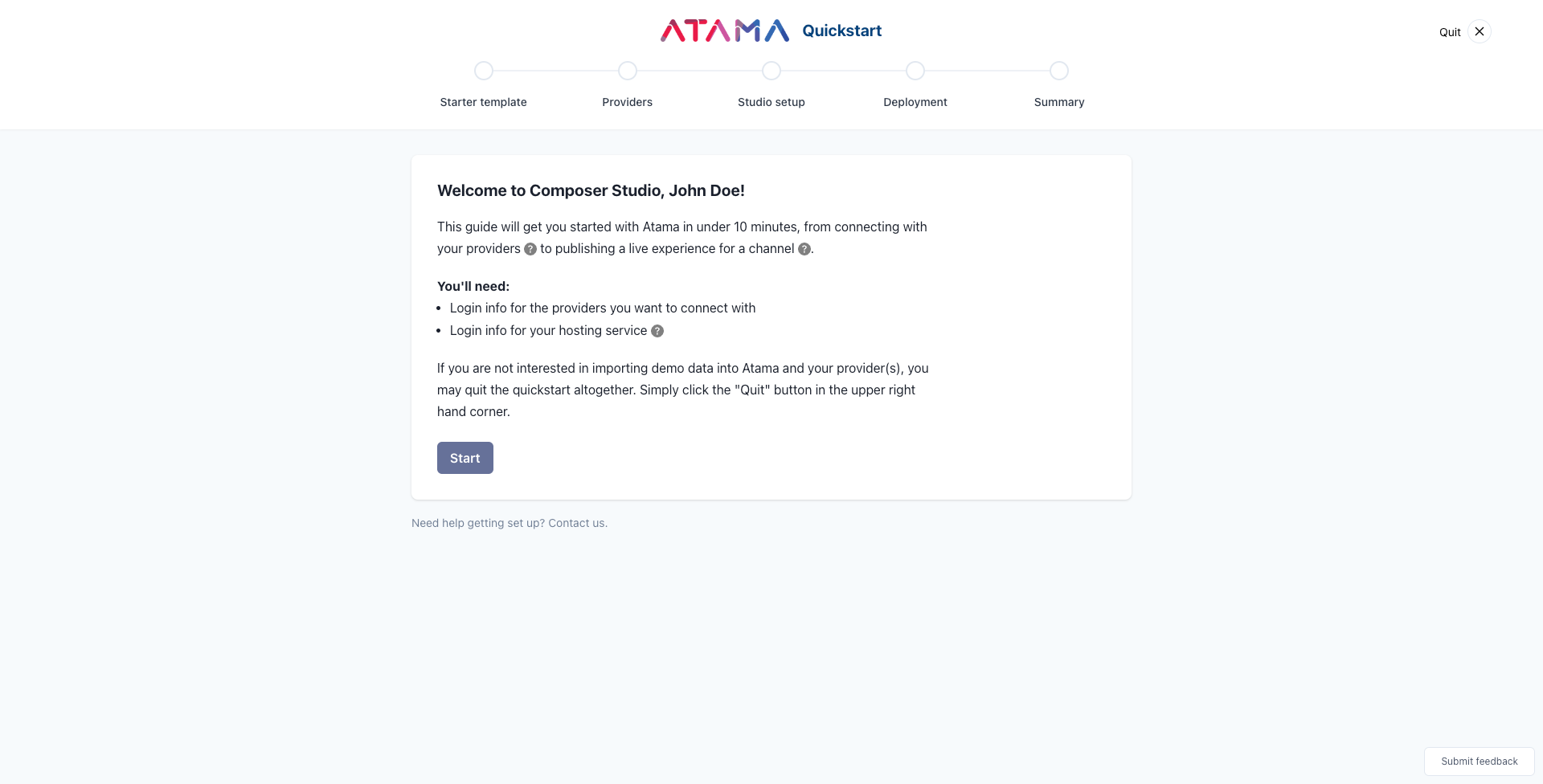 Screenshot of quickstart start step